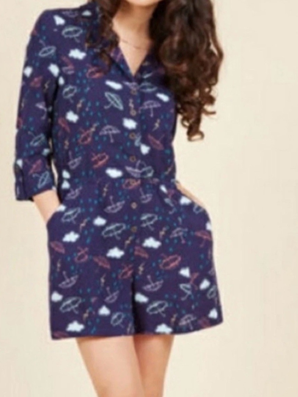 Modcloth‎ Navy and White Umbrella-Print  Romper roll tab sleeve